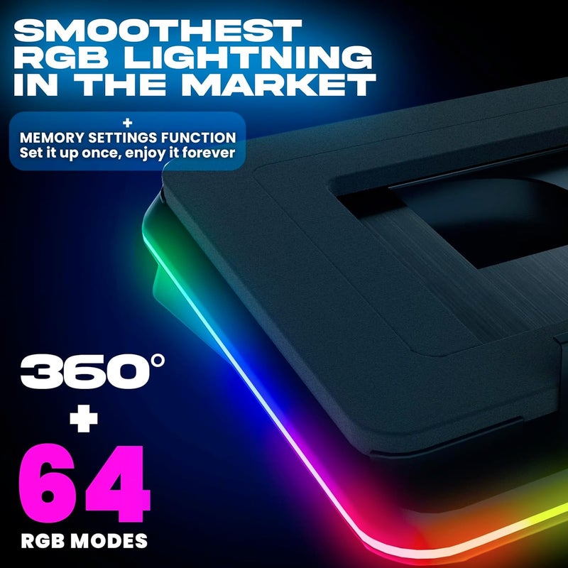 KLIM Turbofrost Gaming Laptop Cooling Pad - 4 Powerful Turbo Fans - 4 x 4000 RPM, Dynamic RGB, 4-Ports USB, Laptop Cooler 2 Power Modes USB-C/DC, Sealed Foam for Fast Cooling - Up to 17in - Black - Image 5